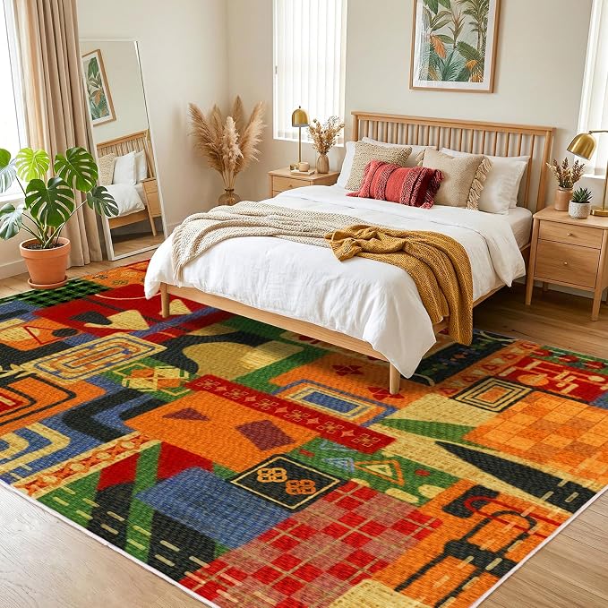6x9 Abstract Tribal Patchwork Area Rug, Boho Patchwork Colorful Rugs for Living Room, Modern Memphis-Inspired Throw Carpet, Washable Non-Slip Low Pile Rug for Dining Room Office Bedroom Dining Room