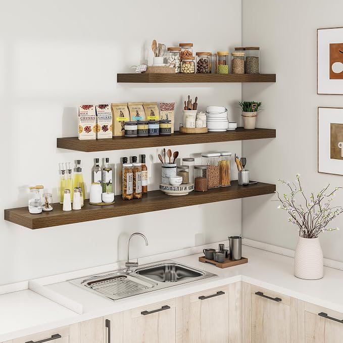 RICHFOCUS 72Inch Floating Shelves for Wall 1 Pack Shelves for Bedroom|Kitchen|Bathroom Wall Mounted Rustic Wood Floating Shelf with Invisible Brackets for Books|Storage|Decor, Walnut