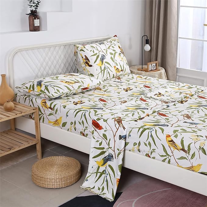 RYNGHIPY Farmhouse Flowers Print Bed Sheet Collection Set Botanical Floral Sheets with Pillowcasess (White Green,Queen Size)