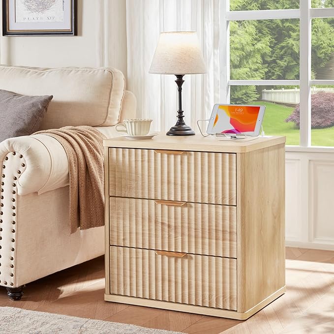 LEYAOYAO Fluted Nightstand with Charging Station, 23" Modern Night Stand with Woodgrain Top, 3 Drawers End Table w/Storage, Bedside Tables for Bedroom, Living Room, Curved Profile Design,Wood
