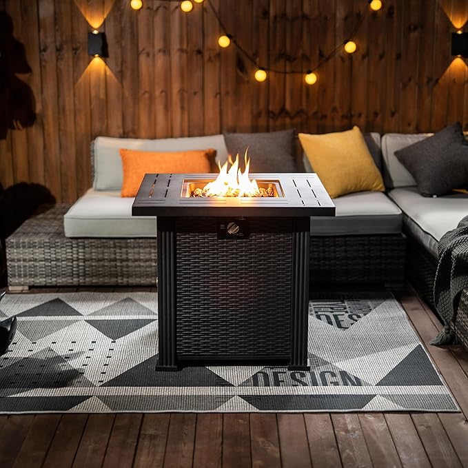 28" Propane Gas Fire Pit Table, 50000 BTU Square Steel Fire Pit with Lid & Volcanic Stones 2 in 1 Fire Pit Table Rock for Outside Patio Deck Garden Courtyard