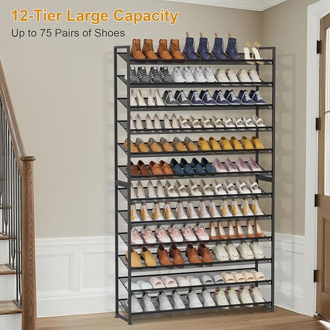 NEYCIL Large Shoe Rack 12 Tier Shoe Organizer, Heavy Duty Metal 6-Tier Stackable Shoe Storage Vertical Shoe Rack for Closet Front Door Entrance, Up to 75 Pairs, 44.8" W x 11.4" D x 85.1" H, Black