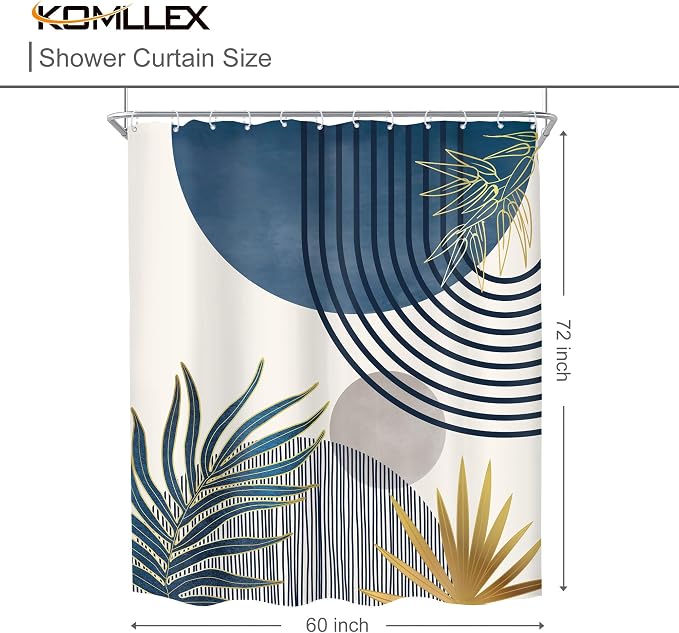 KOMLLEX Mid Century Boho Shower Curtain for Bathroom Decor Abstract Modern Sun Minimalist Aesthetic Arch Curve Leaves Geometric Navy Blue Gray Neutral Fabric Waterproof Polyester 12 Hook 60Wx72L