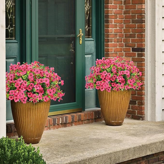 Artificial Flowers Outdoor Faux Plants UV Resistant Fake Patio Flowers Plastic Greenery Plnats Outside Bulk for Spring Garden Hanging Planter Home Vase Decor, 12 Bundles (Rose Red)