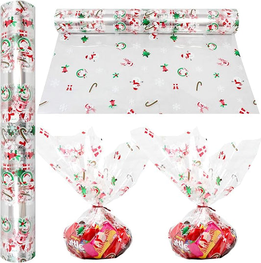 AnapoliZ Christmas Cellophane Wrap Roll | 100’ Ft. Long X 16” in. Wide | 2.3 Mil Thick, Crystal Clear with Christmas Designs| Gifts, Baskets, Treats, Cello Wrapping Paper | Santa, Snowman Cello Roll