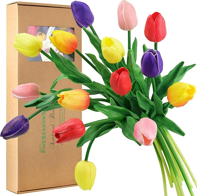 FiveSeasonStuff Real Touch Tulips Artificial Flowers – 15 Stems Faux Tulip Bouquet in Gift Box for Wedding, Home Decor, Party, Floral Arrangements (Rainbow Colors)