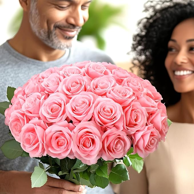 50pcs Artificial Roses Flowers in Bulk,Realistic Silk Fake Rose with Long Stem for Wedding Centerpieces Bouquet Party Floral Arrangement Home Decoration(Pink)