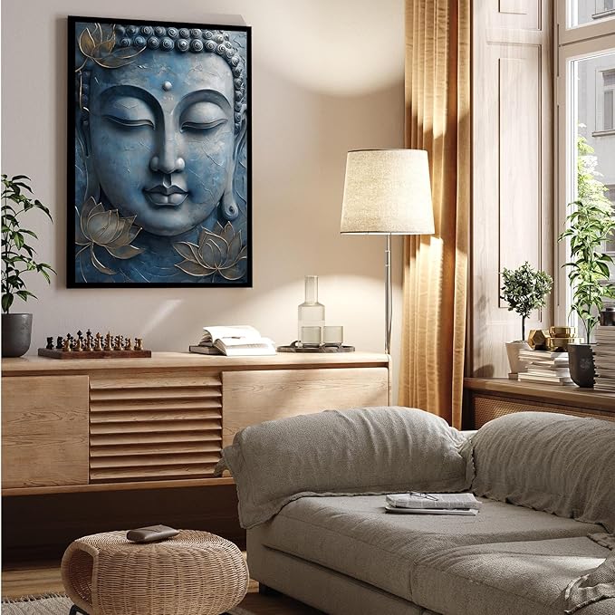Canvas wall art Golden lotus crown Serene Buddha poster Ethereal blue toned art with delicate floral decor Zen wall art for a tranquil meditation space 16x24in Metal blackFramed