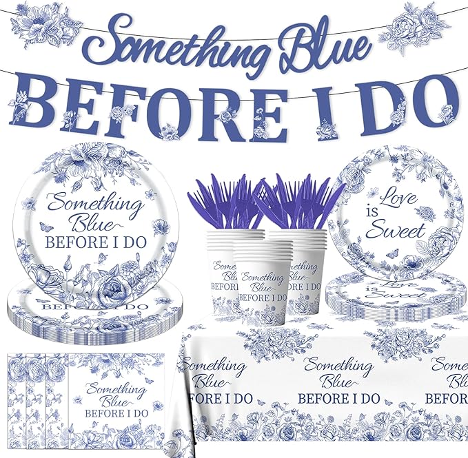 142PCS Something Blue Before I Do Bridal Shower Decorations Bridal Shower Party Favors for 20 Guests Blue Floral Plates and Napkins Tableware Set for Wedding Engagement