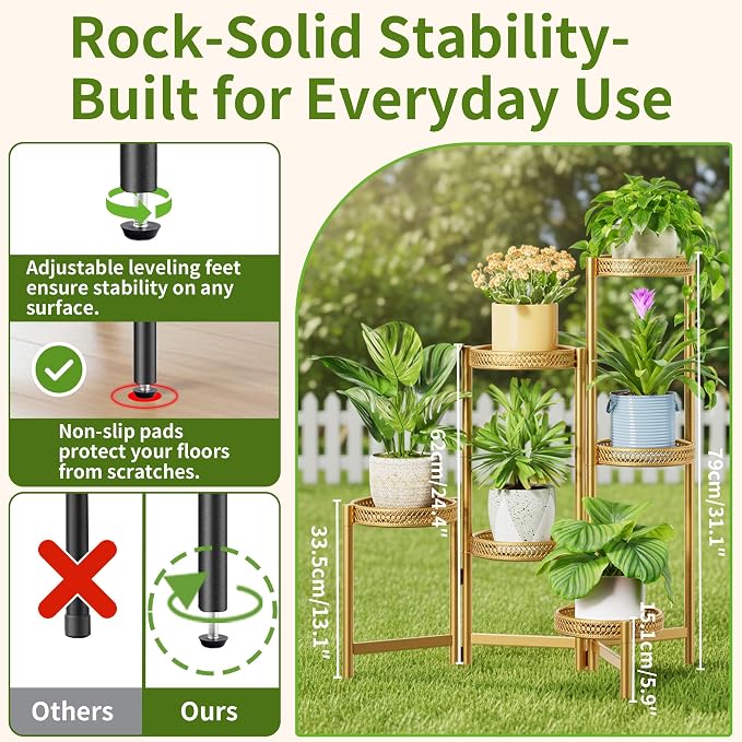 6 Tiered Plant Stand Indoor for Multiple Large Planter, Tall Heavy Duty Adjustable Folding Rack with Rustproof 7.9 Inch Wide Tray, Plant Shelf for Corner Living Room - GoldWave