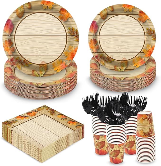 Fall Thanksgiving Birthday Party Plates and Napkins Decorations Kit, Wooden Grain Maple Leaf Tableware Supplies for Birthday Leaves Favors Party Decor Service 24 Guests