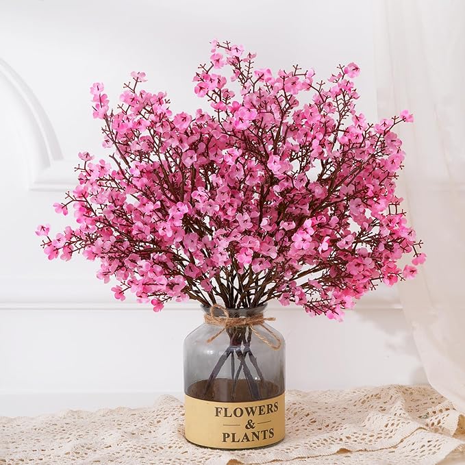 Yastouay Pink Artificial Babys Breath Flowers, 10 Pcs Real Touch Silk Faux Flowers for Decorations, Spring & Summer Floral Arrangement