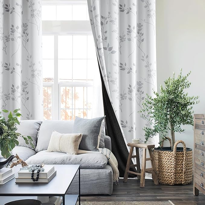 Beauoop Floral 100% Blackout Curtains 54 Inch Length 2 Panels for Bedroom Living Room Grey White Flower Patterned Room Darkening Thermal Insulated Soundproof Grommet Window Treatments Drapes, 52X54