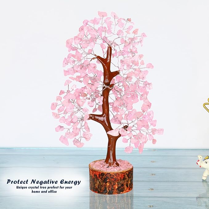 YATHABI Rose Quartz Tree - Pink Crystal Desk Decor - Feng Shui Gemstone Bonsai - Spiritual Gift for Positive Energy