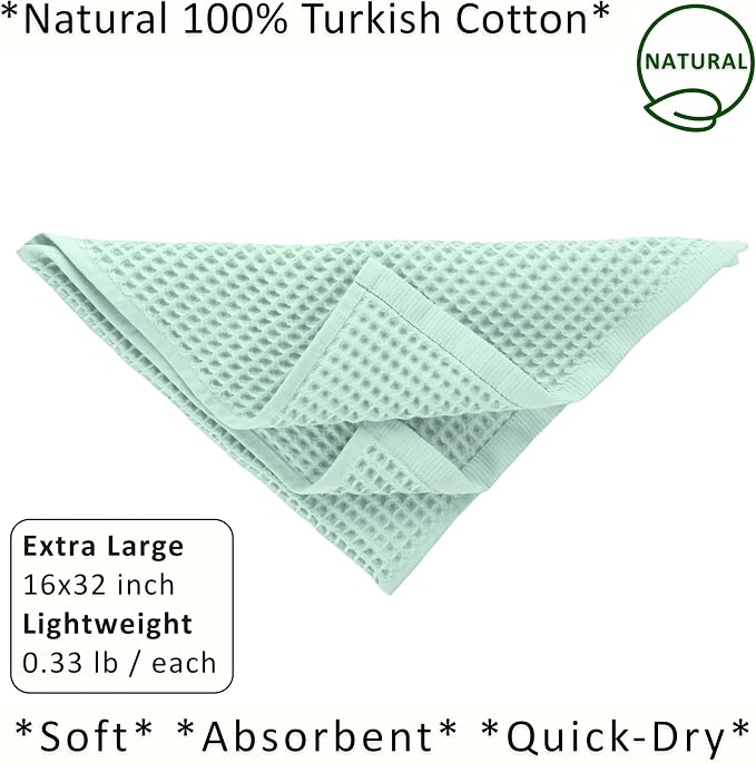 PÜSKÜL Natural 100% Turkish Cotton Waffle Kitchen Towels Set of 3 | Oeko-Tex, Premium Waffle Hand Towels for Bathroom | Soft Absorbent Quick-Dry Lint-Free Dish Towel Large 32x16 inch (3, Ice Green)