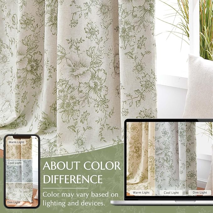 jinachan Blackout Curtains Linen Blend Floral Curtain for Living Room 84 Inch Length Christmas Sage Green Flower Printed with Lined Blackout Drapes for Bedroom Farmhouse Curtains Set 2 Panels