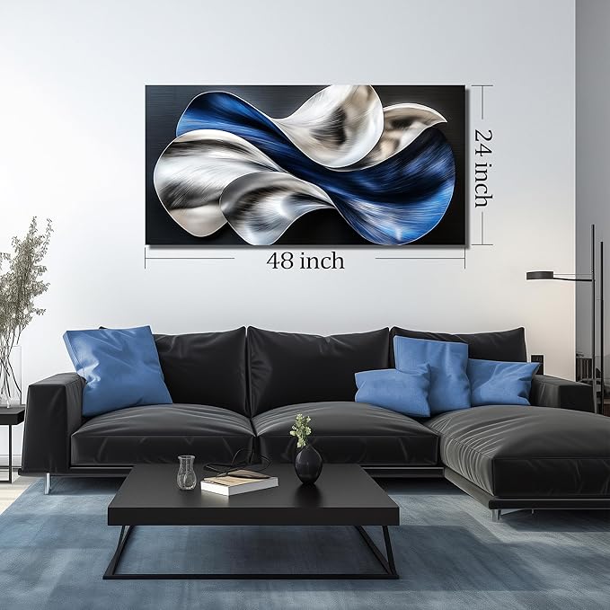 Blue Silver Abstract Picture Wall Art Modern 3D Textured Canvas Decor for Living Room Bedroom Office Flow Artwork 24" x 48"
