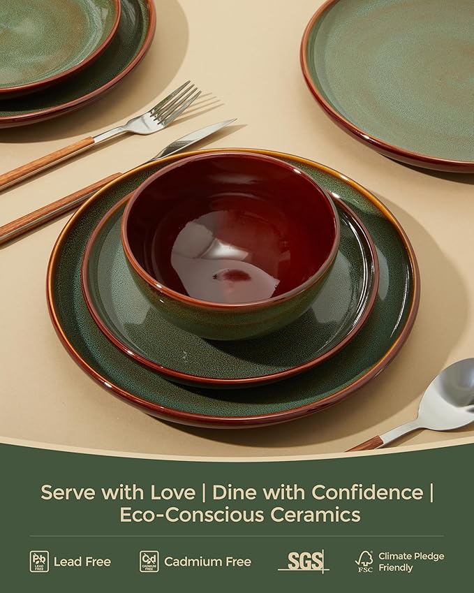 Pokini Plates and Bowls Sets for 8, 24 Piece Dinnerware Set for Large Families & Entertaining, Elegant Design, Dishwasher & Microwave Safe, Chip Resistant and Durable, Sage Green