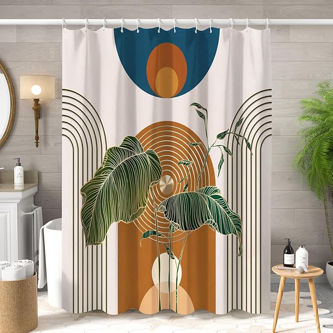Boho Shower Curtain for Bathroom Modern Mid Century Plant Palm Leaves Bath Curtain Modern Minimalist Geometric Arch Bath Decor Waterproof Polyester Fabric Curtains Set 72x84 inch