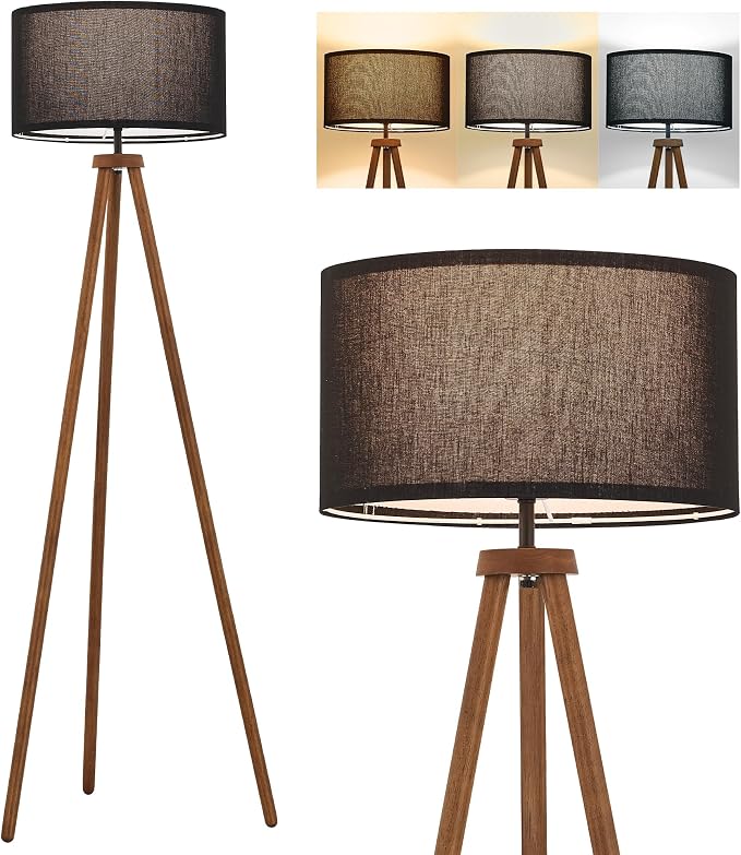 ELYONA Wood Tripod Floor Lamp Modern Standing Lamp with Black Drum Shade, Industrial Tall Reading Lamp for Office Living Room Bedroom, ETL Listed Walnut & Black, 3 Color Temperatures LED Bulb Include