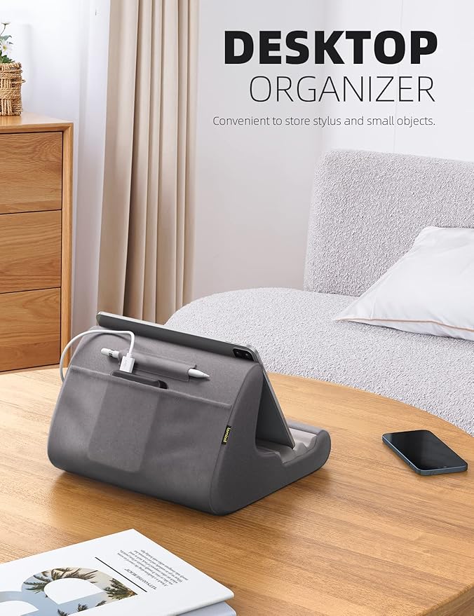 Lamicall Tablet Stand Pillow Holder - Tablet Pillow Soft Pad for Bed, Lap Phone Stand with Stylus Mount & Pocket, for iPad Pro 12.9, Air, Mini, Kindle, Galaxy Tab and 4-13" Devices, Dark Grey