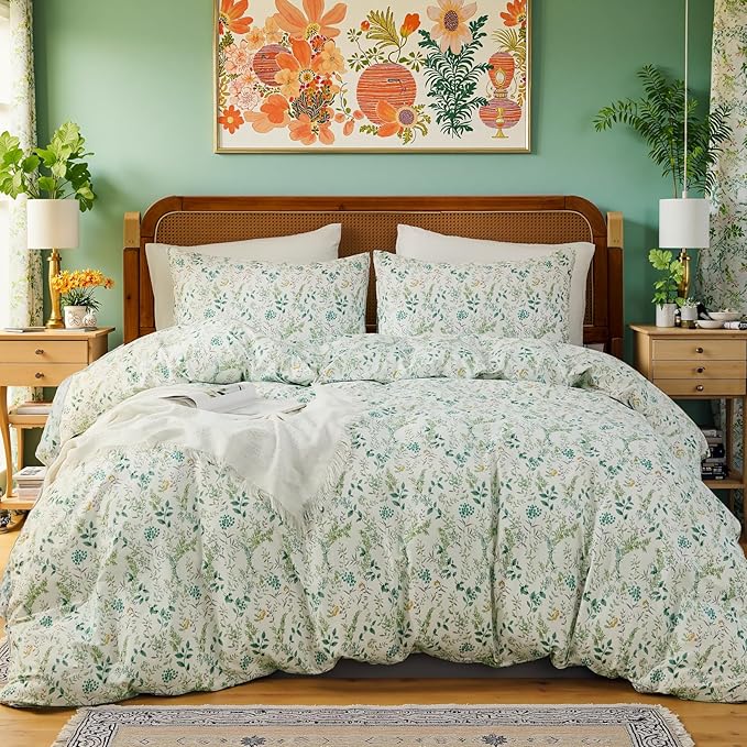 100% Cotton Duvet Cover Sets King Size Reversible Green Garden Bedding Sets Duvet Cover Super Soft Comforter Cover with Zipper Closure, Lightweight, Breathable