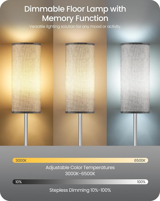 Dimmable Floor Lamps for Living Room with Remote and Foot Switch, 64.4” Modern Standing Tall Lamp, Corner Lamp for Bedroom, Office, Bulb Included, 3000K-6500K, Gray and Silver, FCC Listed SH06LD05W1