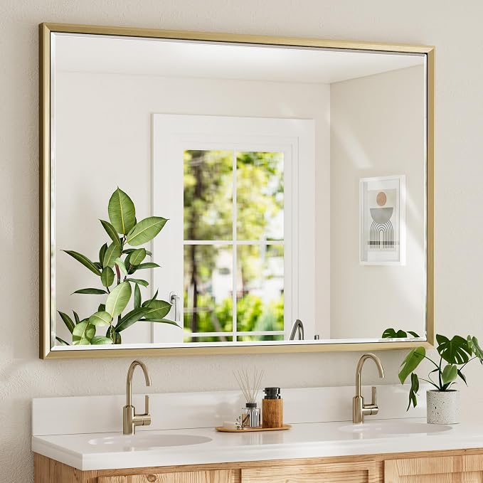 48 x 36 Gold Bathroom Mirror, Brushed Gold Beveled Bathroom Mirror, Shatterproof Large Gold Frame Rectangle Mirror, Brushed Brass Gold Framed Vanity Mirror Vertical/Horizontal Wall-Mounted