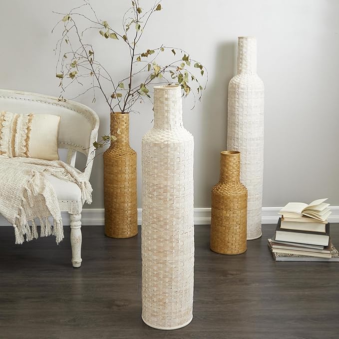 Deco 79 Bamboo Wood Decorative Vase, Tall Woven Floor Centerpiece, Round Vase for Home Decoration, White and Beige, 8.5" x 8.5" x 39"