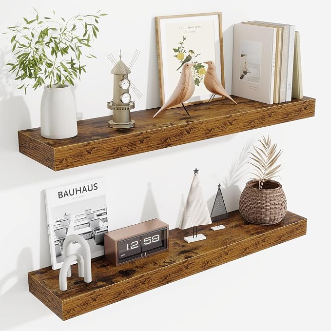 Fun Memories Floating Shelves 30 Inch, Wall Mounted Wood Shelf Set of 2, Farmhouse Decor for Bathroom, Bedroom, Kitchen, Living Room, Rustic Brown