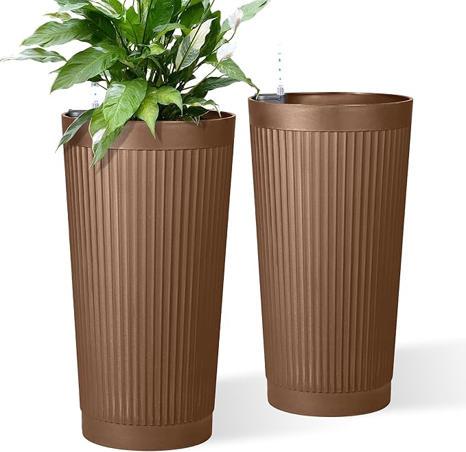 24" Tall Self Watering Planters for Indoor Plants, 2 Pack Large Plastic Outdoor Planter Pots with Built-In Water Reservoir and Level Indicator, Decorative Modern Flower Pots for Home & Patio (Brown)