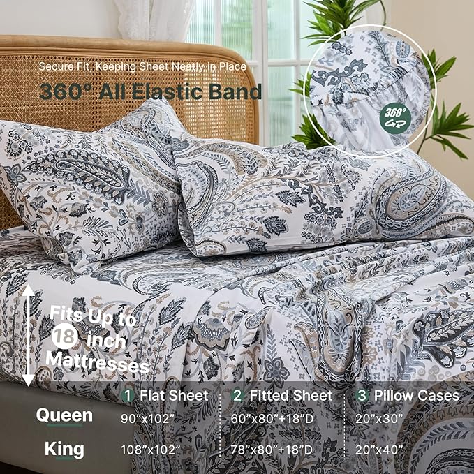 100% Cotton Sheet Set King Size – 4-Piece Luxury Grey Paisley Bedding Set, Extra Soft Breathable Percale Weave, Deep Pocket Fitted Sheet 17.5", Crisp Cool Feel Bed Sheet