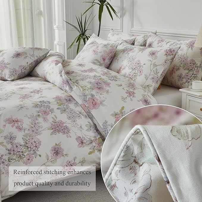 FADFAY Floral Bedding Set with Peony Print, Soft Breathable Duvet Cover & Pillowcases, 100% Cotton, Elegant Botanical Pattern, Durable & Skin-Friendly, Queen Size