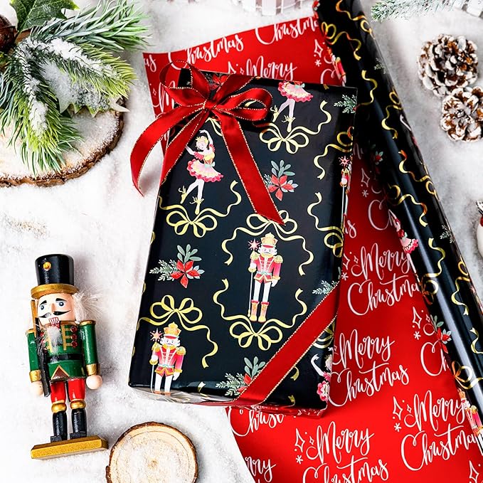 MAYPLUSS Christmas Nutcracker Wrapping Paper - 17 Inch X 33 Feet - Metallic Christmas Gift Wrapping Paper Flower Cute Bow Ballet Reversible Red for Holiday Party New Year Kids