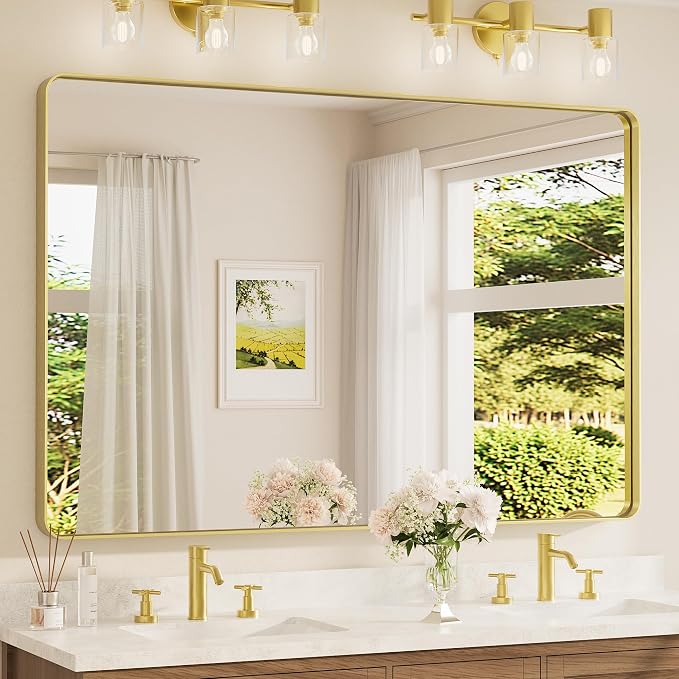 TETOTE 60 x 40 Inch Brushed Gold Frame Mirror, Brass Bathroom Vanity Mirror for Wall, Modern Rectangle Round Corner Matte Framed Mirror (Horizontal/Vertical)