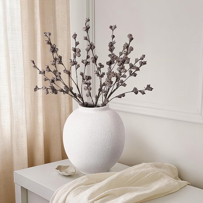 Large White Ceramic Vase, 9.8 inch Rustic Farmhouse Flowers Vase for Home Decor, Sandstone Texture Round Pottery Tall Vase Indoor for Table Living Room Decor