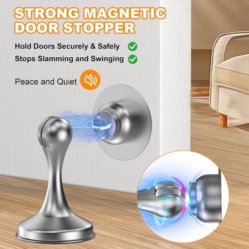 Crosize Magnetic Door Stoppers - 4 Pack Stainless Steel Wall & Floor Mounting | No Drilling, Silver