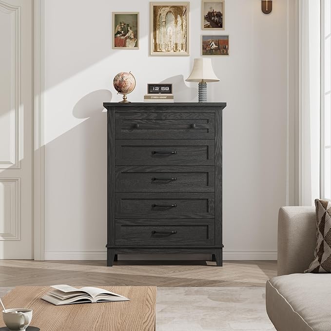 GarveeHome 5 Dresser for Bedroom, 41.3 in Tall Vertical Drawer Dresser with Large Storage, Freestanding Wooden Closet Chest for Bedroom, Living Room, Black