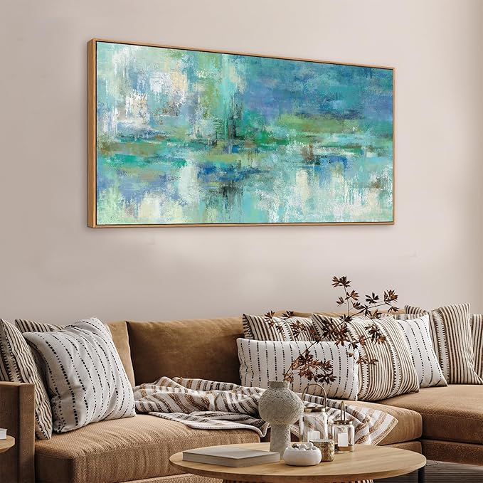 VEAEE Framed Abstract Wall Art - Teal Turquoise Green Colorful Modern Canvas Pictures, Living Room Wall Decor, Contemporary Landscape Painting Prints for Bedroom Bathroom Office Decor 24" x 48"