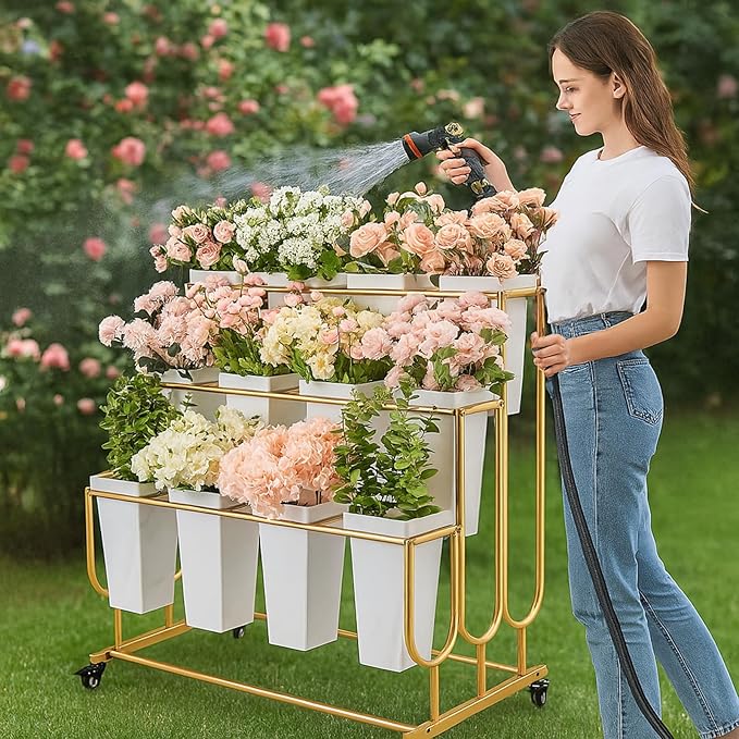 Flower Display Stand Frame, 3-Tier Flower Cart with Wheels, Metal Floral Display Rack , Moving Florist Bouquet Shelf for Shop ,Flower Bar, Events (Gold - 3 Tier) , Without Flower Buckets