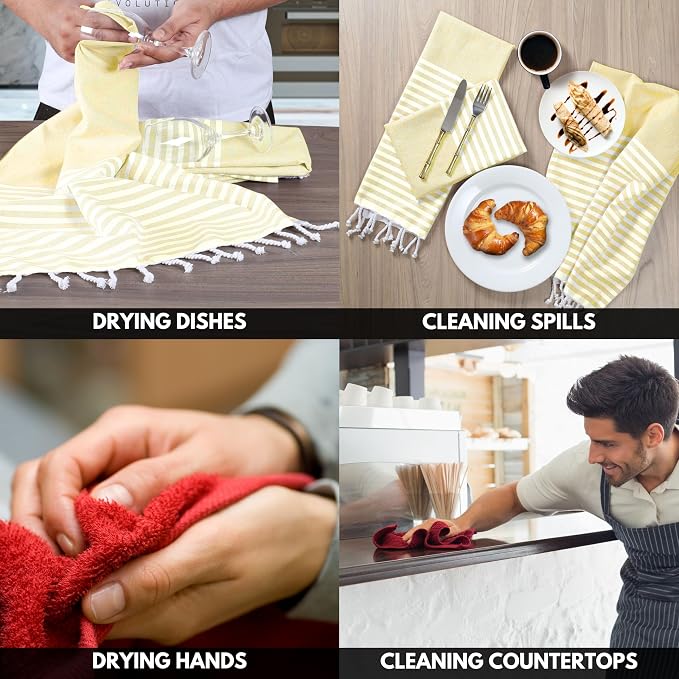 Turkish Kitchen Towels 18x26 Inches with Tassels - 4 Pack - Ultra Absorbent, Durable, Soft 100% Cotton Dish Towels for Drying & Cleaning - Machine Washable, Quick-Dry - Lemon Yellow