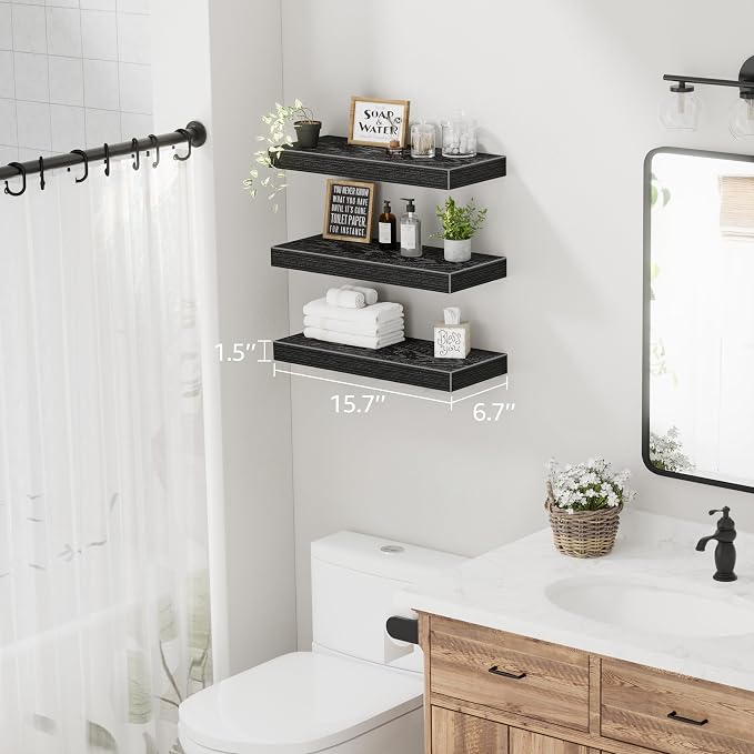 QEEIG Floating Shelves for Wall Bathroom Shelf Bedroom Kitchen Living Room Hanging Book Shelves Small Farmhouse Decor 16 inch Set of 3, Black (015-B3)
