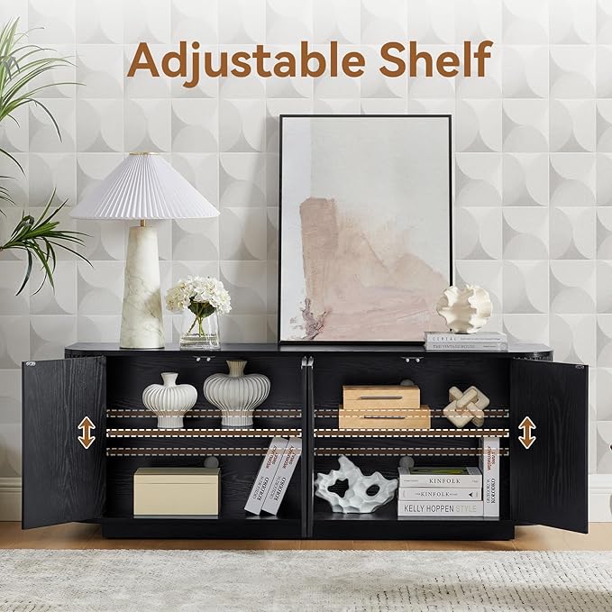 64" Buffet Sideboard Cabinet with Storage, Modern Fluted Accent Credenza with Adjustable Shelves, Wood Coffee Bar Console Table for Living Room Kitchen Dining Room Hallway, Black