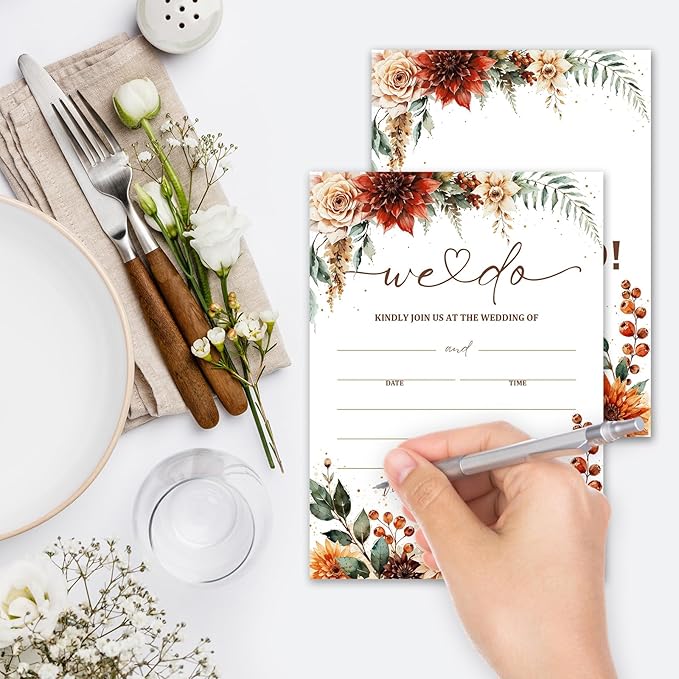 Boho Pampas Grass Wedding Invitations, 5"x 7" Autumn Wildflower Wedding Invites Card With Envelopes, 25 PCS for Party Decorations and Supplies - A08