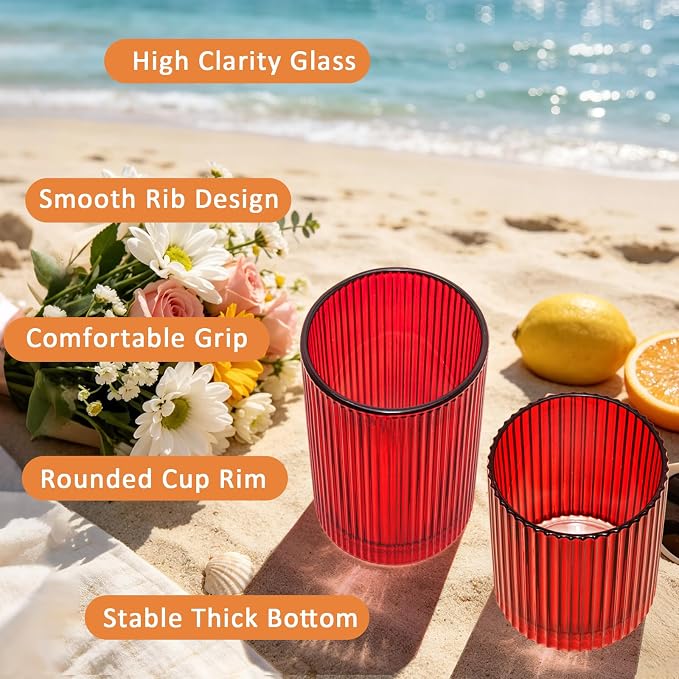 14 oz & 18 oz Ribbed Drinking Glasses Set of 12, Vintage Iced Coffee Cups Elegant Glassware, Highball Glass Cups Ridged Glass Tumbler for Cocktail, Whiskey, Beer, Water, Juice, Origami Style Red
