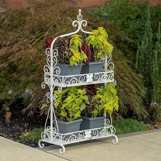 Zaer Ltd. Two Tier Rectangular Ornate Metal Plant Stand (Antique White)