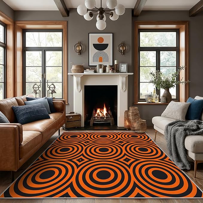 Retro Rings Area Rug 3x4, Optical Geometric Circle Rug, Bold Retro Pattern Carpet for Living Room Bedroom, Non Slip Soft Area Rug