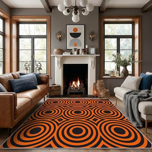 Retro Rings Area Rug 2x3, Optical Geometric Circle Rug, Bold Retro Pattern Carpet for Living Room Bedroom, Non Slip Soft Area Rug