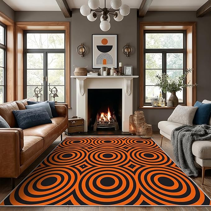 Retro Rings Area Rug 3x5, Optical Geometric Circle Rug, Bold Retro Pattern Carpet for Living Room Bedroom, Non Slip Soft Area Rug