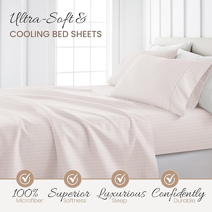 Linen Market Patterned Microfiber Full Sheet Set 4 Piece – Oeko-TEX Certified Ultra Soft & Wrinkle-Free - 16" Deep Pocket Sheets - Easy Care Full Size - Classic in Pink